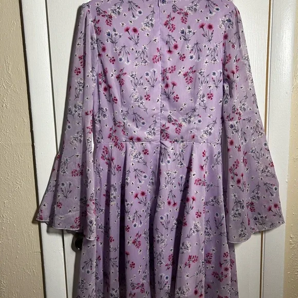 Double Crazy Purple Floral Dress Size Large Boho Bell Sleeve Empire Waist Flowy - Picture 13 of 15